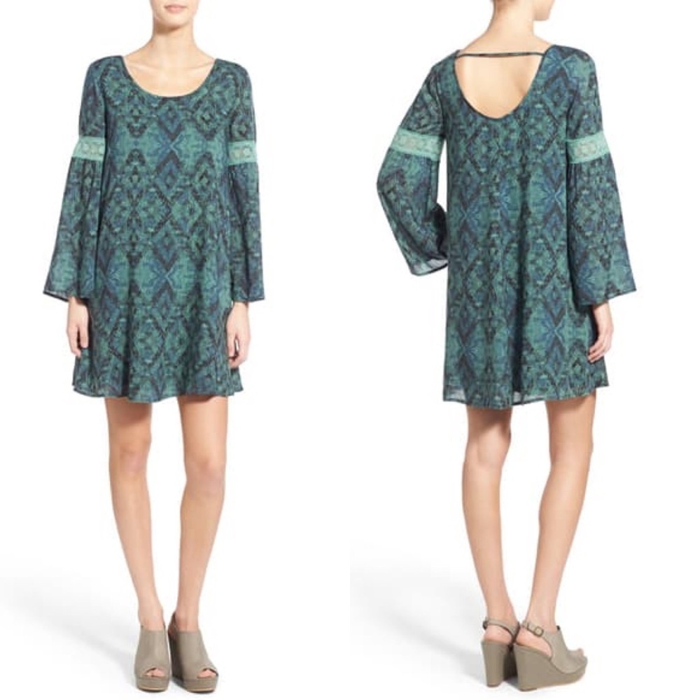 Sun & Shadow Tribal Print Shift Dress Bell Sleeve Boho S Festival Southwestern